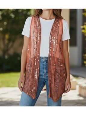 Soft Surroundings Duster Cardigan Vest Small Burnt Orange Sheer Sequin Boho Godd